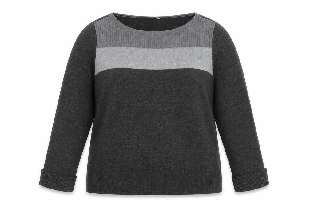 Front view of BHS women’s grey striped knit jumper, size UK 14