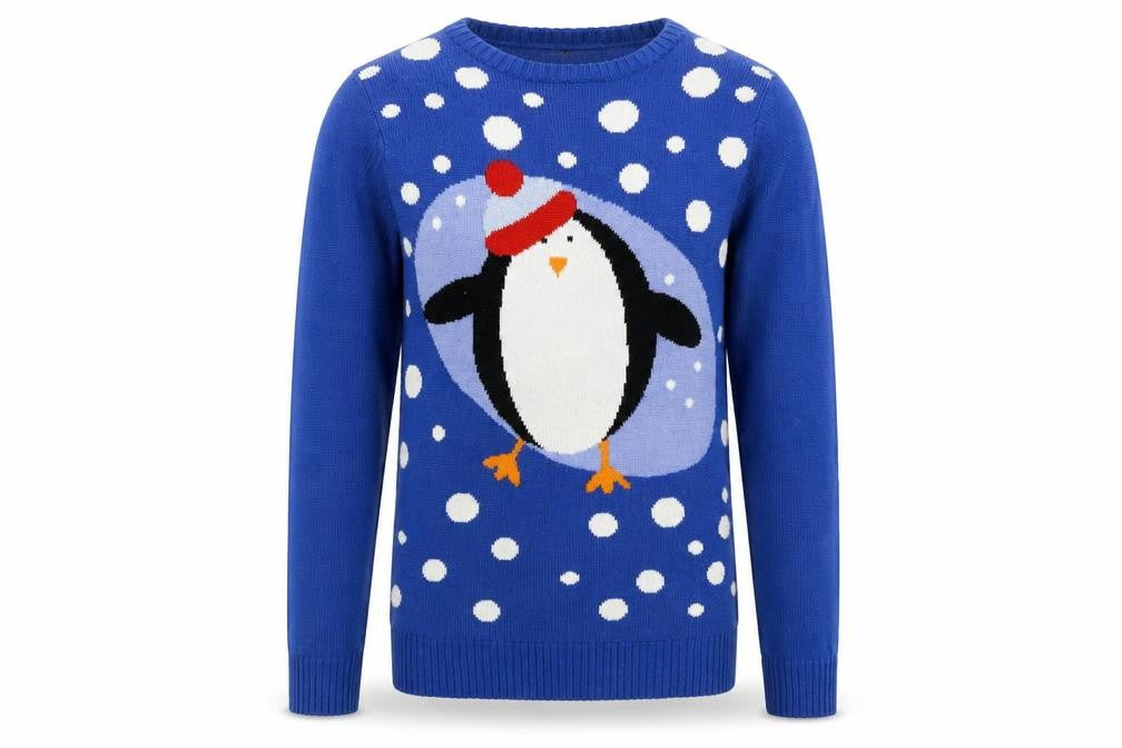 Front view of Premier men’s blue polka dot knit jumper, size M, - penguin