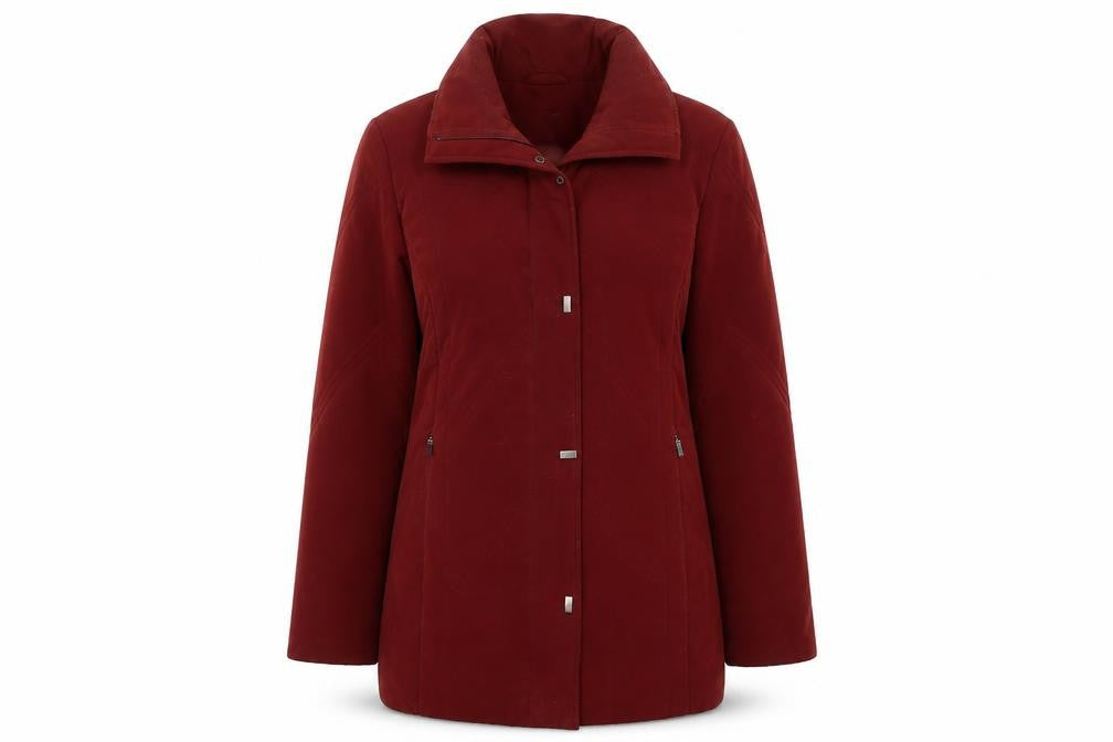 Front view of Gray & Osbourn women’s red satin puffer jacket coat, size UK 12