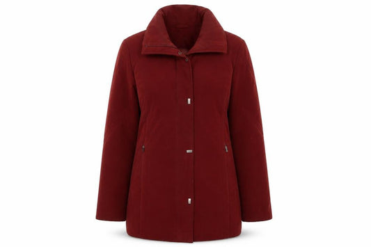 Front view of Gray & Osbourn women’s red satin puffer jacket coat, size UK 12