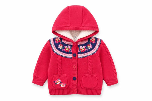 Front view of Boots Mini Club girls’ pink floral jacket, size 9-12, months