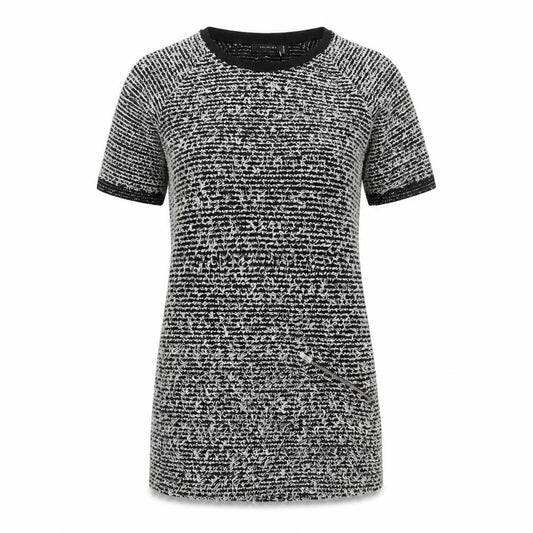 Front view of Religion women’s black striped jumper dress, size UK 10