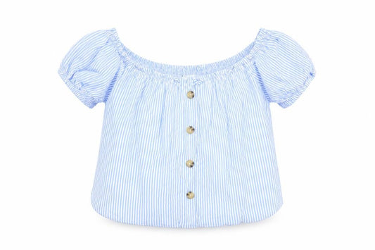 Front view of Divided by H&M women’s blue striped basic blouse, size UK 6