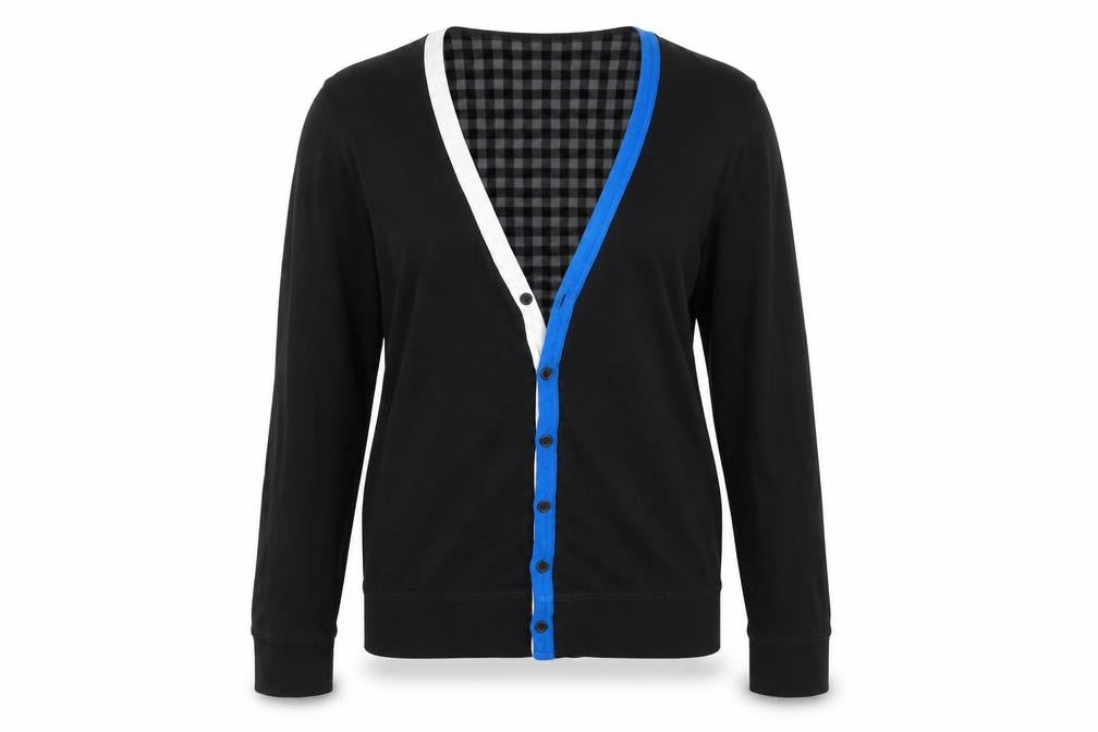 Front view of Crafted women’s black cardigan jumper, size M
