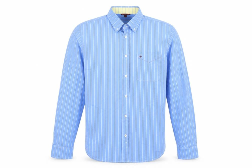 Front view of SW England men’s beige striped button-up, size L