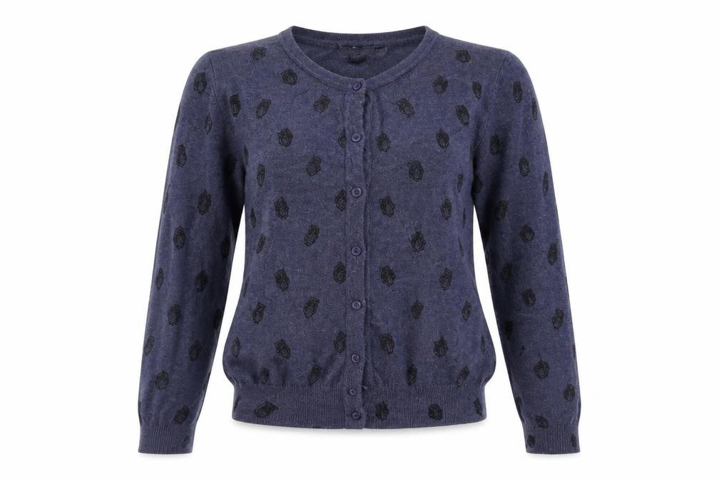 Front view of Primark women’s blue cardigan jumper, size UK 10