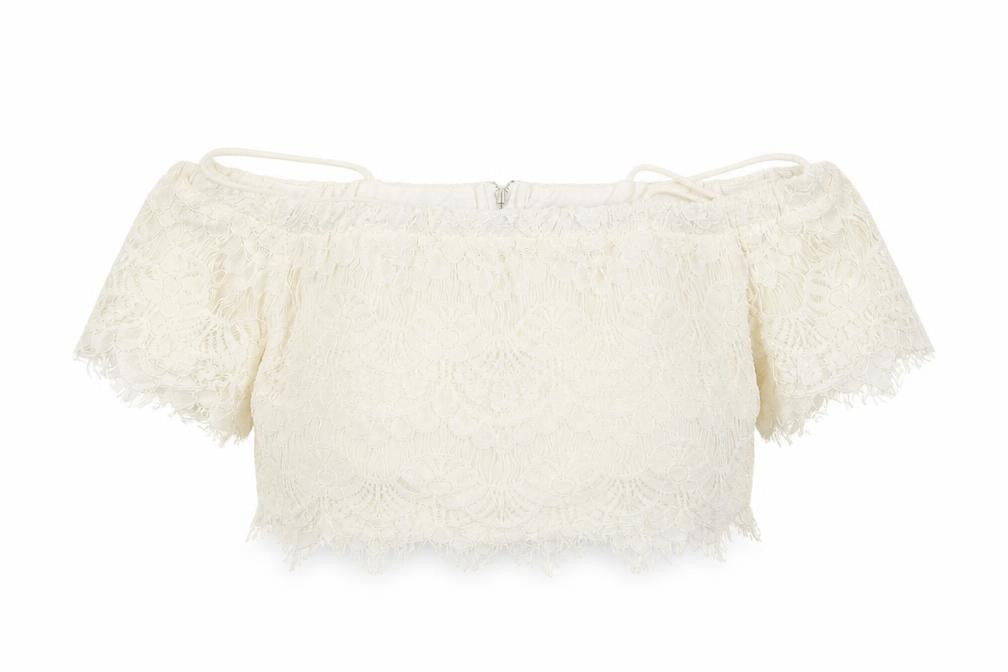 Front view of Topshop women’s white floral cropped blouse, size UK 10