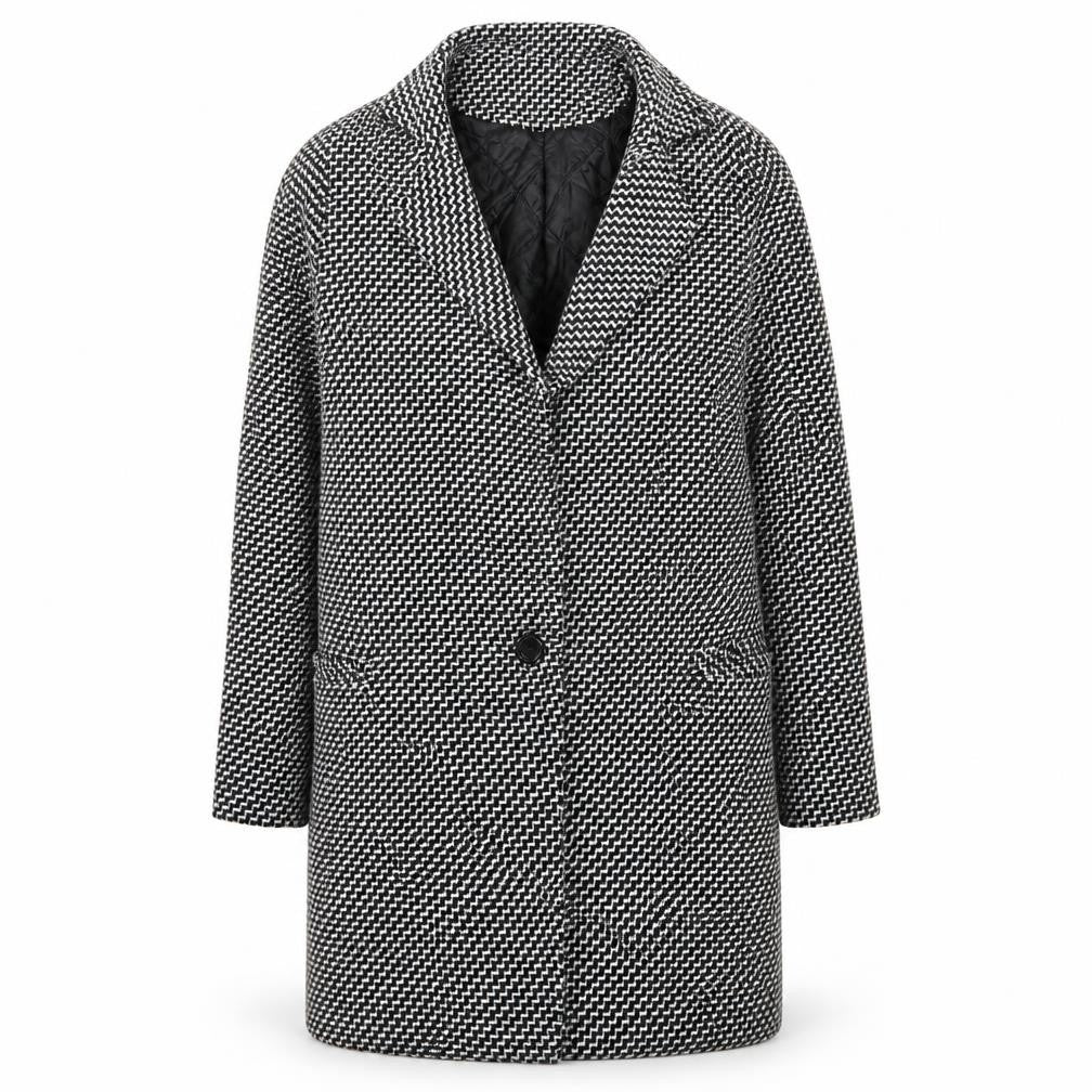 Front view of Yi Shang women’s black geometric overcoat coat, size S