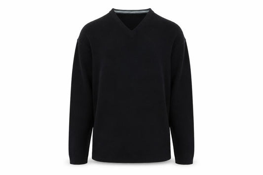 Front view of O Club men’s black knit jumper, size M