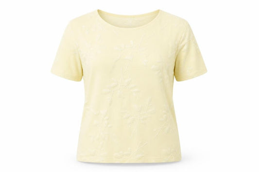 Front view of Principles women’s yellow floral basic t-shirt, size UK 14, - leaf print