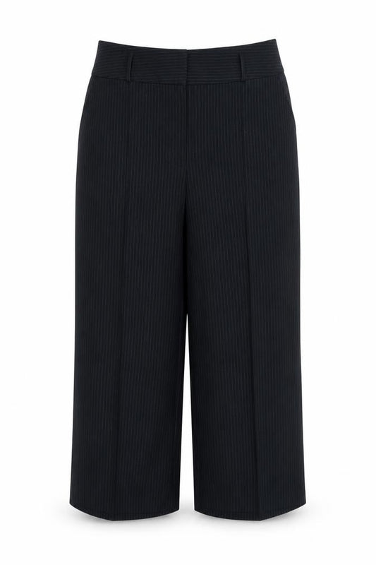 Front view of New Look women’s blue striped trousers, size UK 12, 24-inch leg