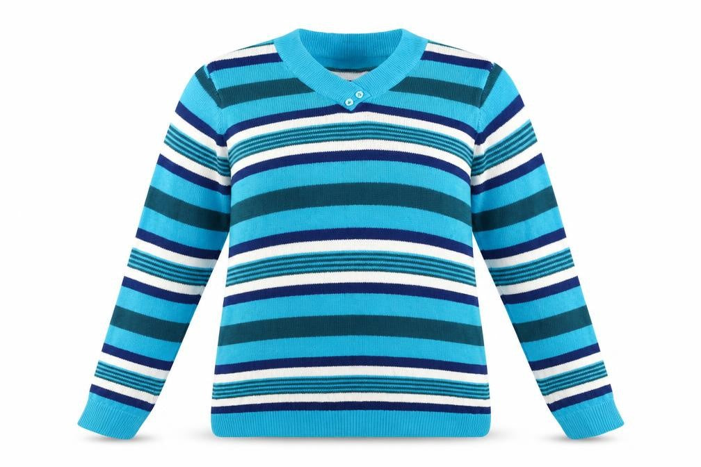 Front view of Ble women’s blue striped jumper, size L