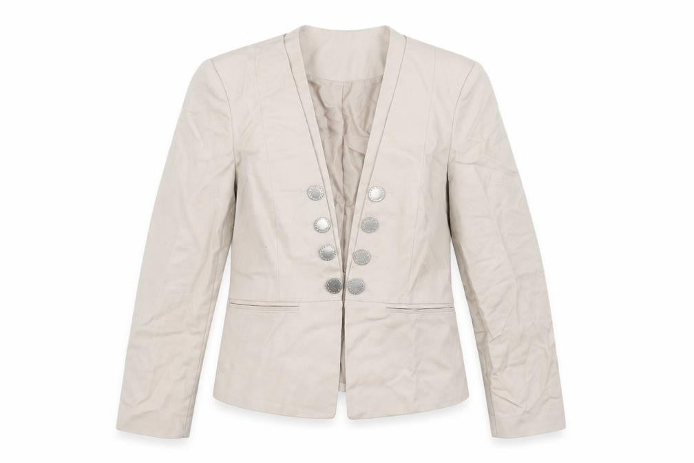 Front view of Julie mcdonald women’s beige jacket, size UK 12