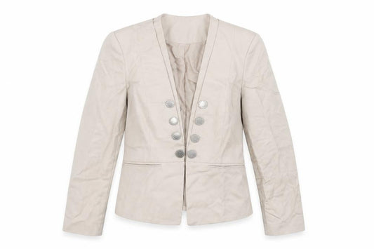 Front view of Julie mcdonald women’s beige jacket, size UK 12