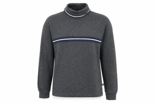 Front view of Gap women’s grey striped pullover sweatshirt, size L