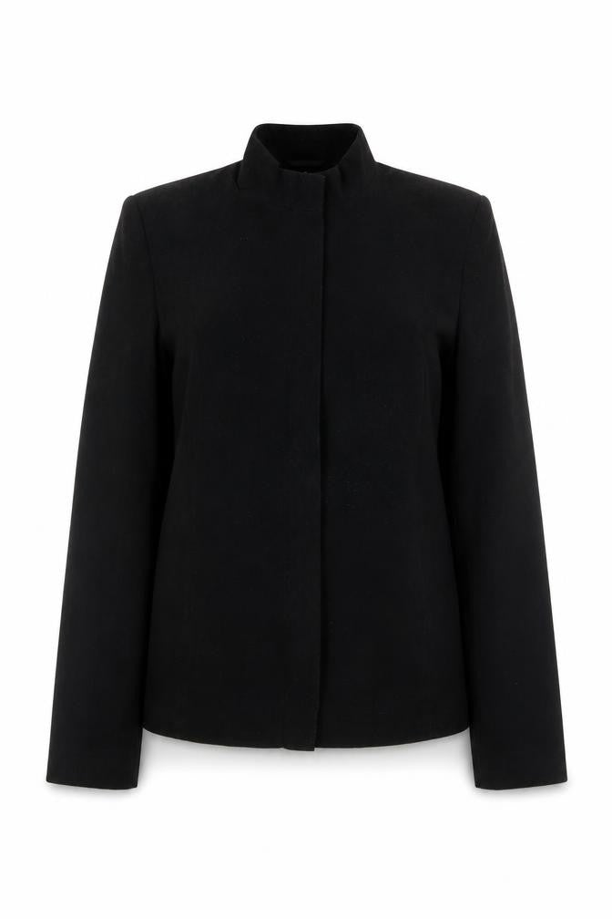 Front view of Offshoot women’s black jacket coat, size UK 12