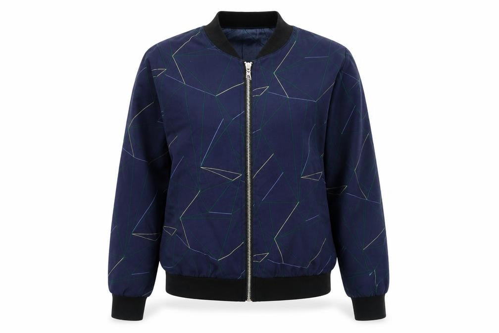 Front view of jcl women’s blue geometric varsity jacket jacket, size S