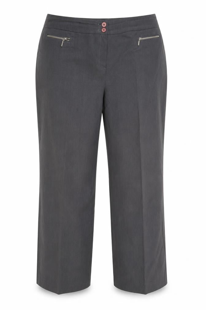 Front view of CMD women’s grey trouser suit suit trousers, size UK 20, 26-inch leg