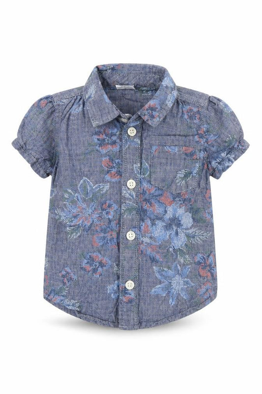 Front view of Gap boys’ blue floral basic button-up, size 12-18, months