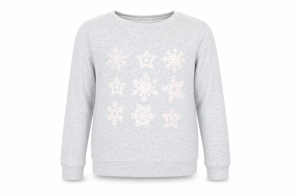 Front view of H&M girls’ grey pullover sweatshirt, size 10-11, years - snowflakes