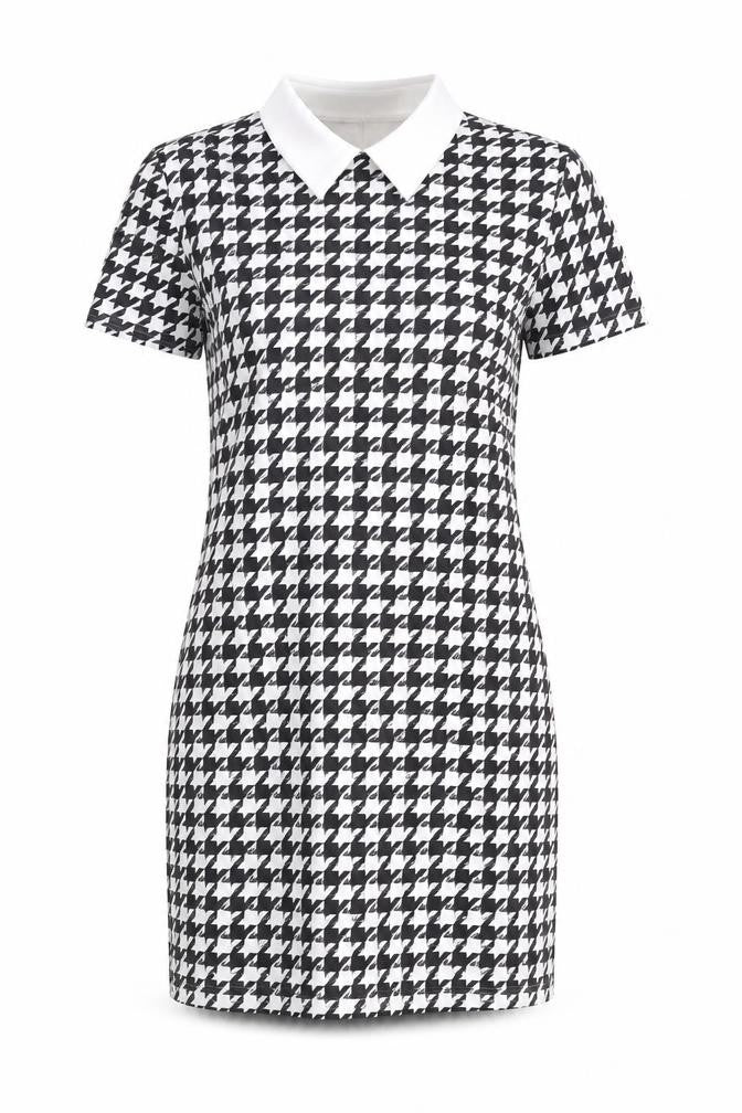 Front view of Boohoo women’s black houndstooth a-line, size UK 10