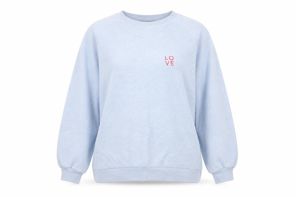Front view of Topshop women’s blue pullover sweatshirt, size UK 6