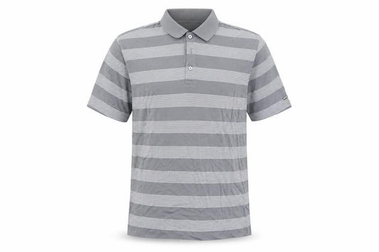 Front view of Colin Montgomerie men’s grey striped polo, size L