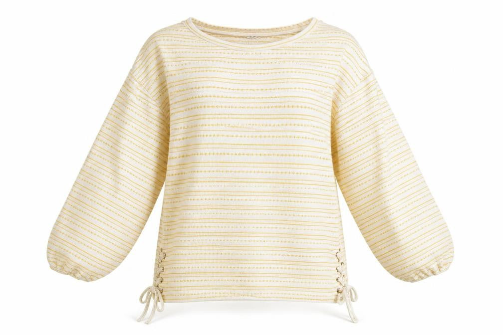 Front view of Falmer Heritage women’s yellow striped jumper, size UK 14