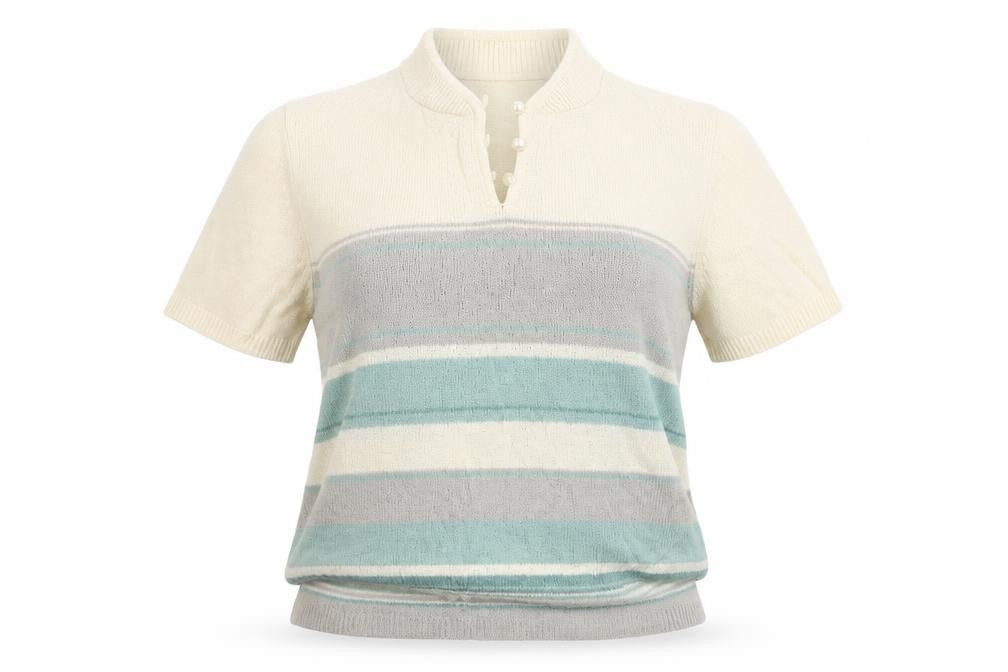 Front view of Bonmarché women’s ivory striped basic t-shirt, size M