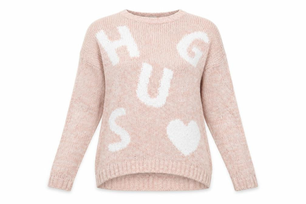 Front view of New Look women’s pink jumper, size UK 8, - hugs