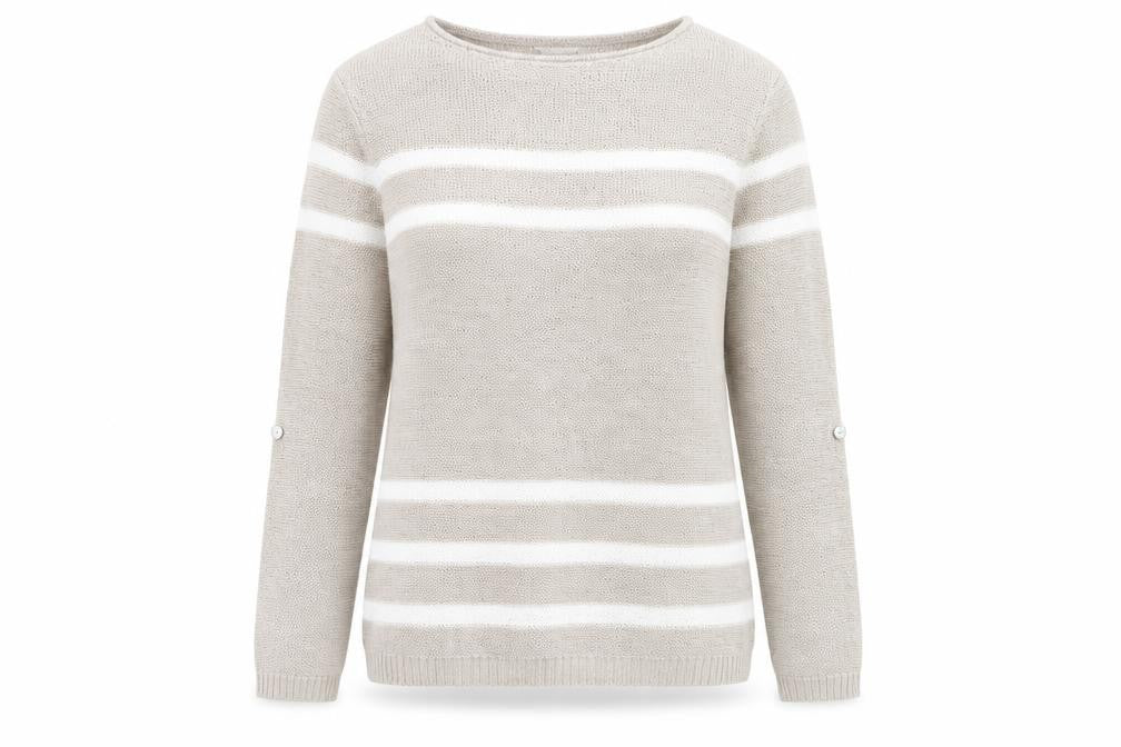 Front view of Bonmarché women’s beige striped jumper, size S