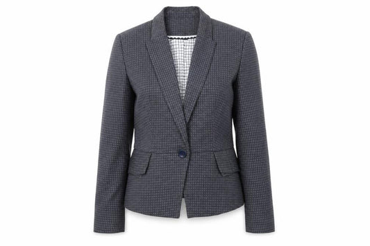 Front view of Marks & Spencer women’s blue spotted jacket suit jacket, size UK 12