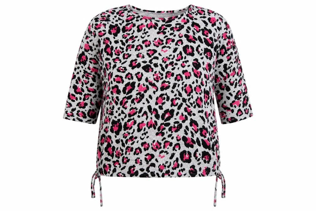 Front view of Preworn women’s grey animal print jumper, size UK 18