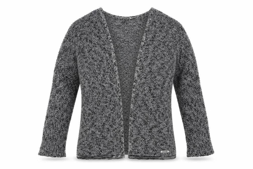 Front view of double agent women’s grey cardigan jumper, size M