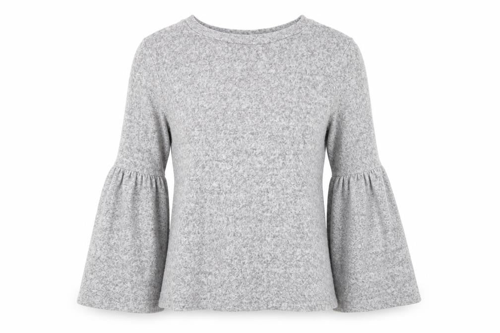Front view of H&M women’s grey jumper, size S, - flare sleeve