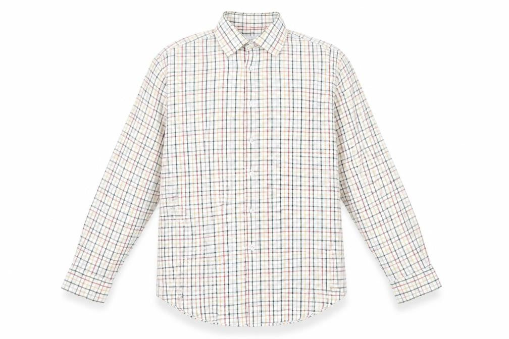 Front view of John M. Cotton men’s green check button-up, size 17