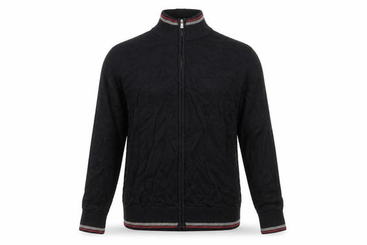 Front view of World Republic men’s black knit full zip jumper, size M