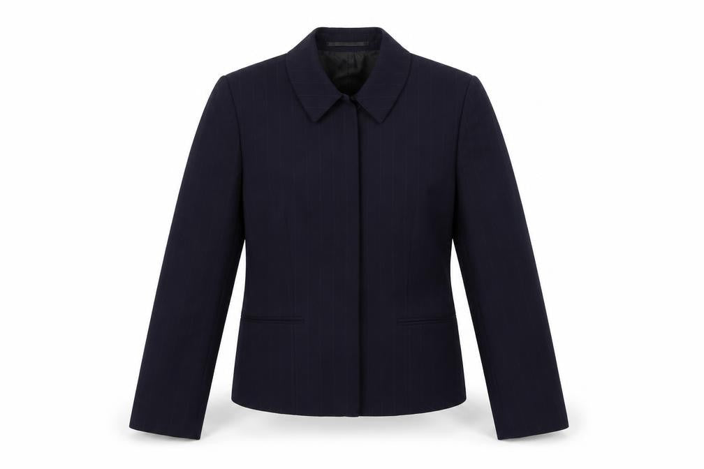 Front view of Wardrobes women’s blue striped jacket suit top, size UK 10