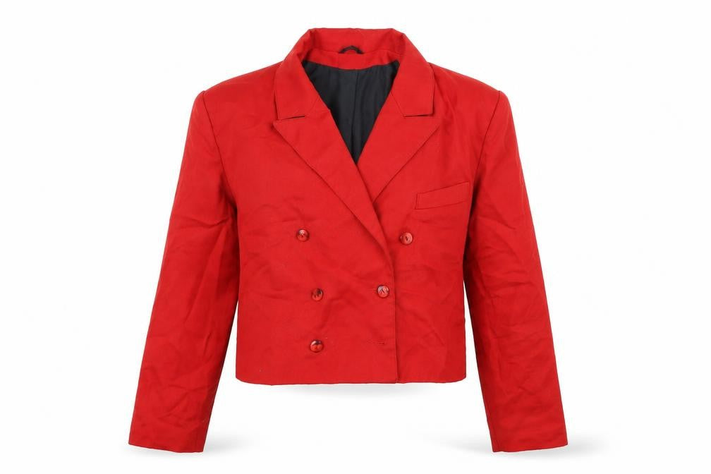 Front view of zeki london women’s red jacket, size UK 12
