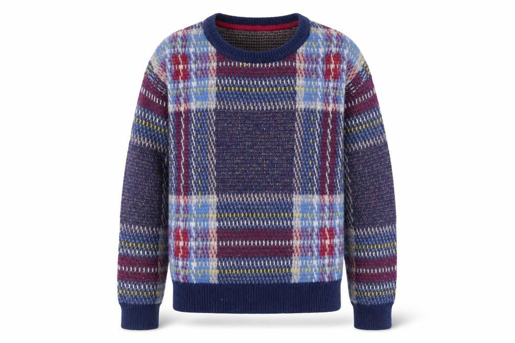 Front view of Johnnie B boys’ blue check knit jumper, size 13, years