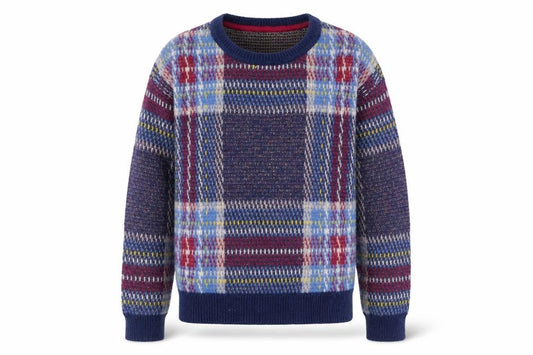 Front view of Johnnie B boys’ blue check knit jumper, size 13, years