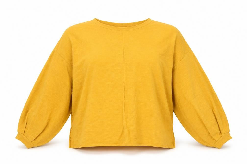 Front view of H&M women’s yellow jumper, size L, - balloon sleeve