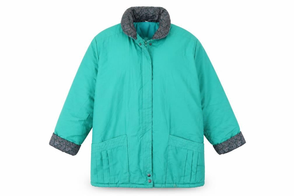 Front view of Preworn women’s green overcoat coat, size UK 14
