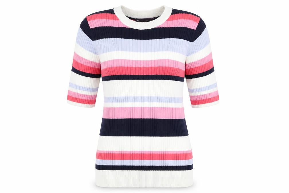 Front view of Marks & Spencer women’s multicoloured striped jumper, size UK 10