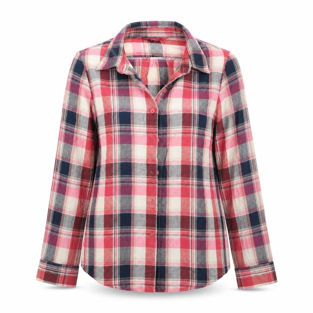 Front view of Boohoo women’s pink check basic button-up, size UK 8
