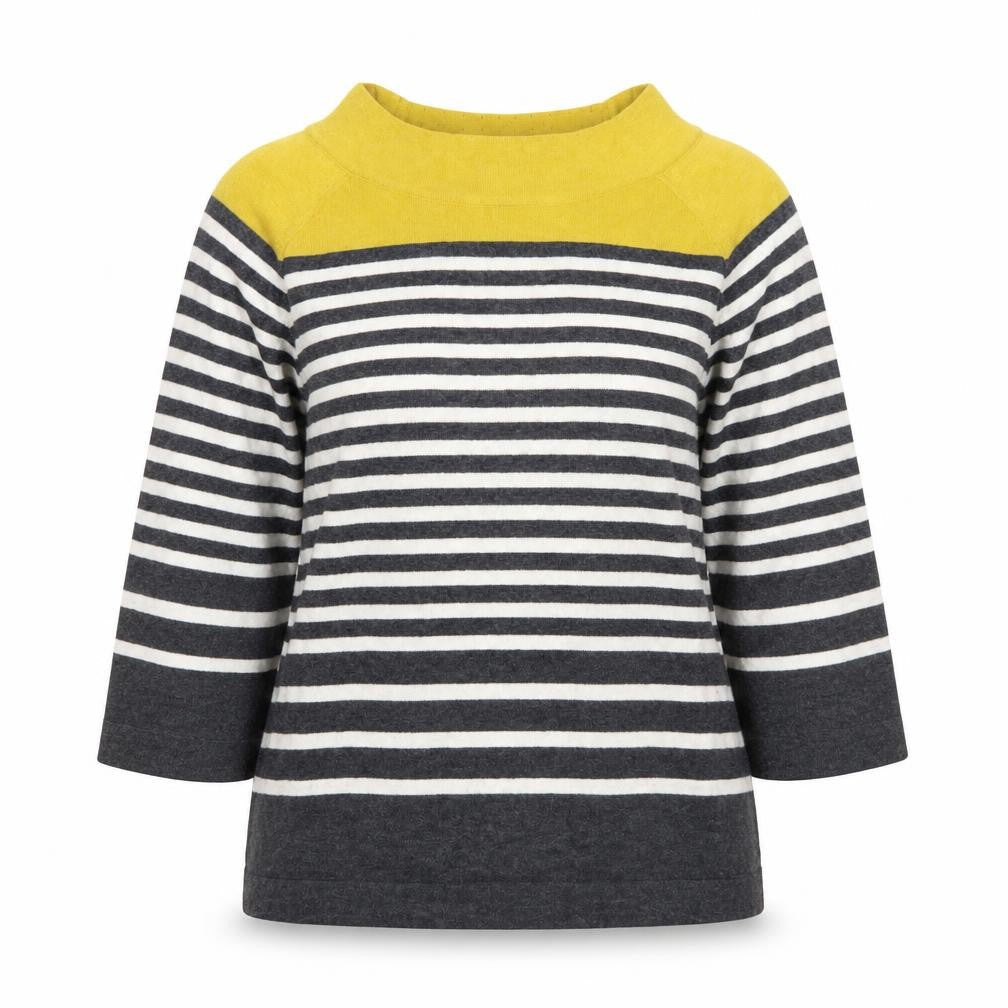 Front view of Preworn women’s grey striped jumper, size UK 12
