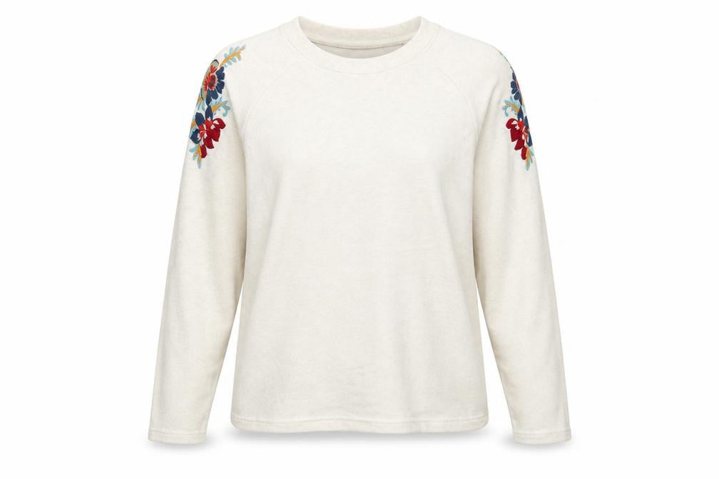 Front view of Avon women’s ivory floral pullover sweatshirt, size UK 10