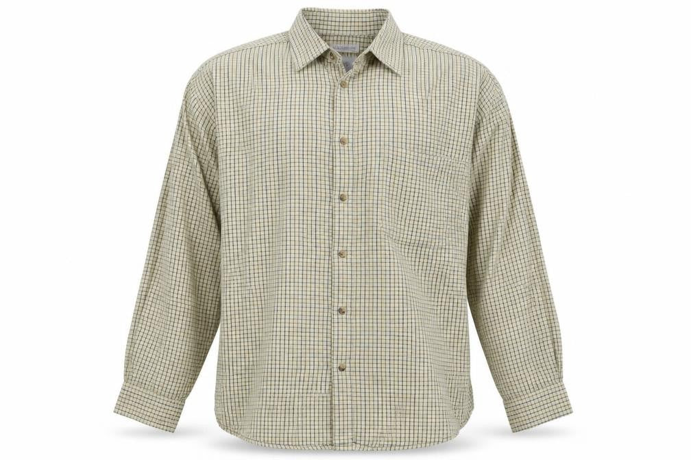 Front view of Preworn men’s yellow check button-up, size 16