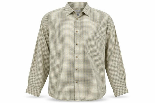 Front view of Preworn men’s yellow check button-up, size 16