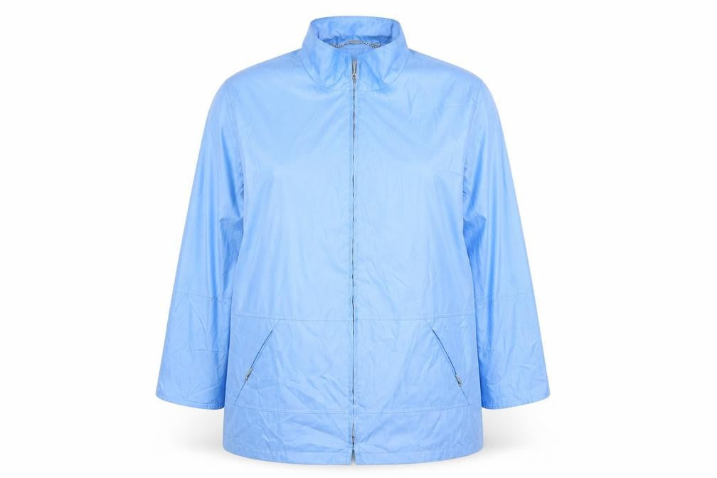 Front view of DELMOD women’s blue rain coat jacket, size UK 16